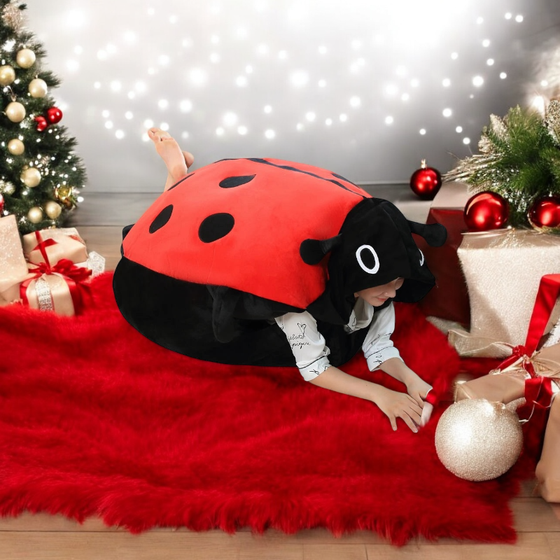 Wearable insect plush ladybug toy, soft and cozy, perfect for cosplay, gifts, and relaxation. Available in 60cm and 100cm