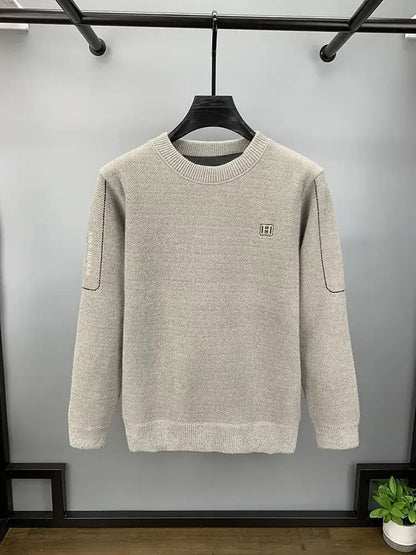 Winter Men's Fleece Embroidered O-Neck Sweater