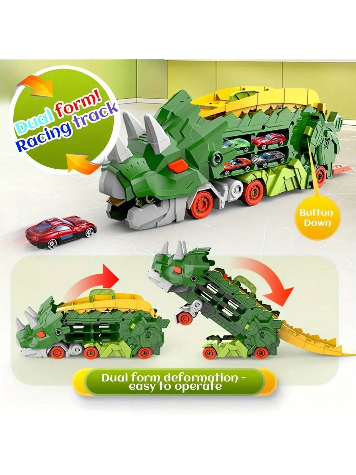 Folding Dinosaur Transporter Car Toy with 2 Metal Die-Cast Cars