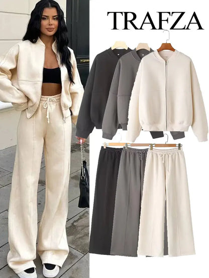 TRAFZA Women's 2-Piece Retro Bomber Jacket & Velvet Pants Suit