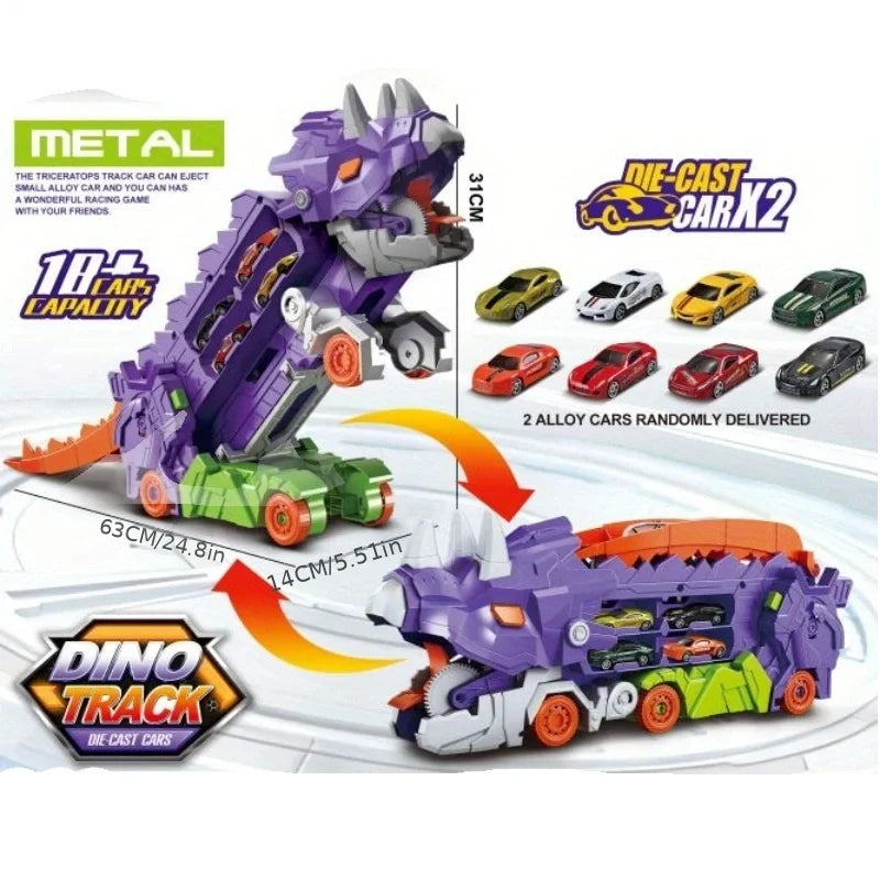 Folding Dinosaur Transporter Car Toy with 2 Metal Die-Cast Cars