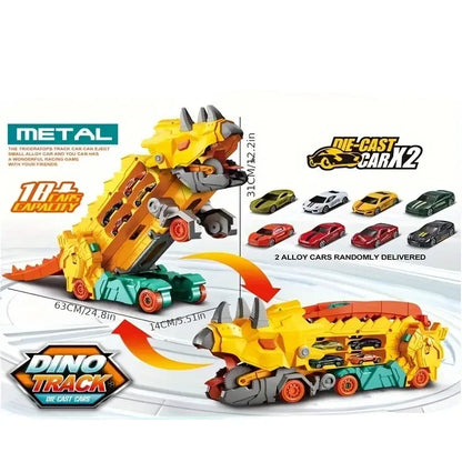 Soft snuggle folding dinosaur transporter car toy with 2 metal die-cast cars for kids.