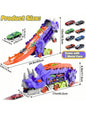 Soft snuggle folding dinosaur transporter car toy with 2 metal die-cast cars for kids.