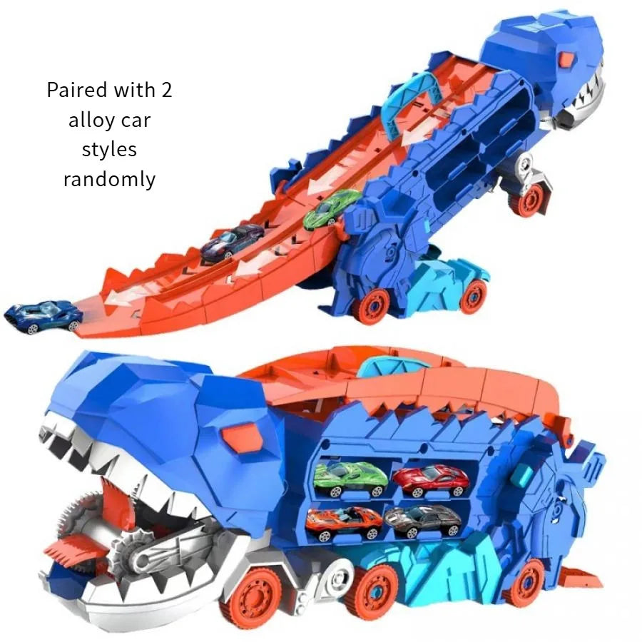 Soft snuggle folding dinosaur transporter car toy with 2 metal die-cast cars for kids.