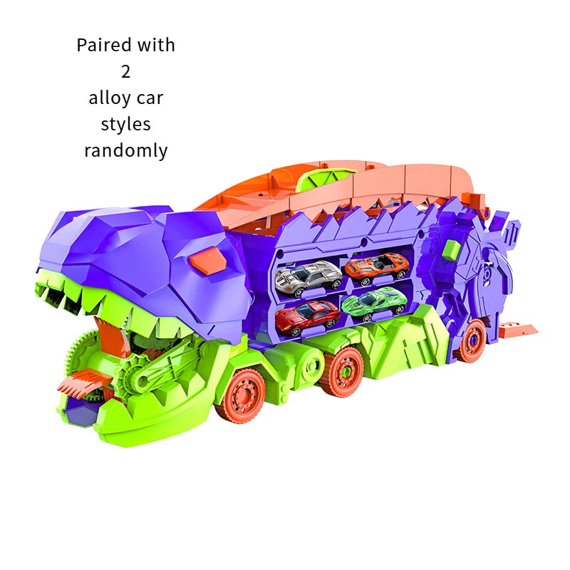 Soft snuggle folding dinosaur transporter car toy with 2 metal die-cast cars for kids.