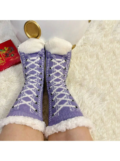 Funny Zipper Thermal Fluffy Socks for Women, Winter Plush Non-Slip Slipper Socks with Soft Fuzzy Grip Soft Snuggle