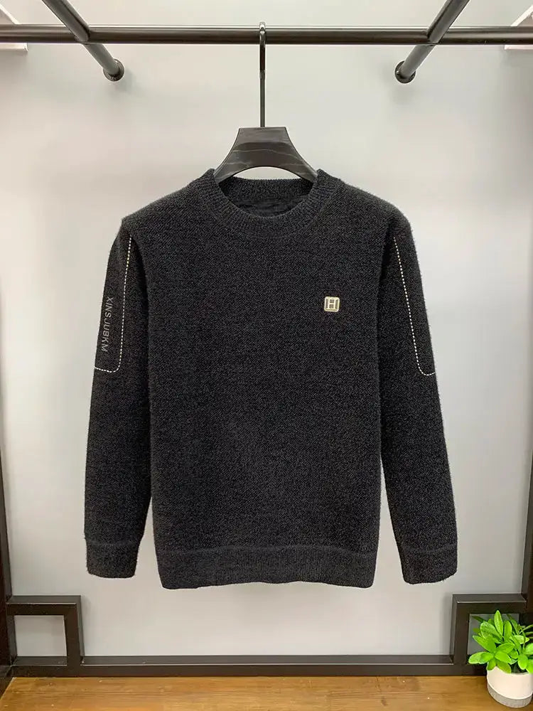 Winter Men's Fleece Embroidered O-Neck Sweater