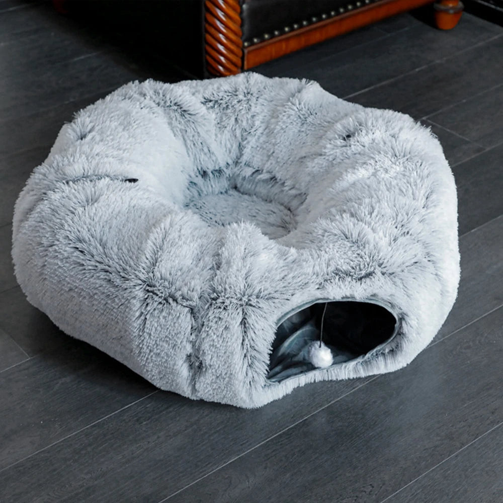 Soft Plush Cat Tunnel Bed with Mat – Non-slip Playground Tube for Kittens and Puppies